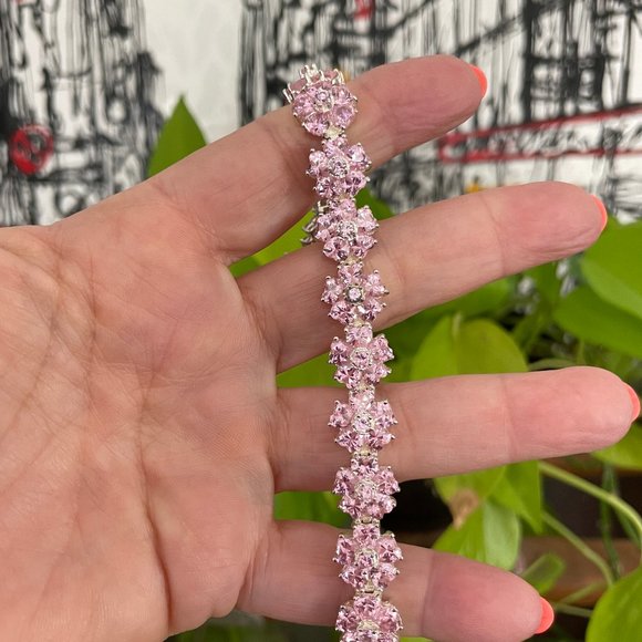 Sterling Silver Pink Floral  Tennis Bracelet - Picture 4 of 8